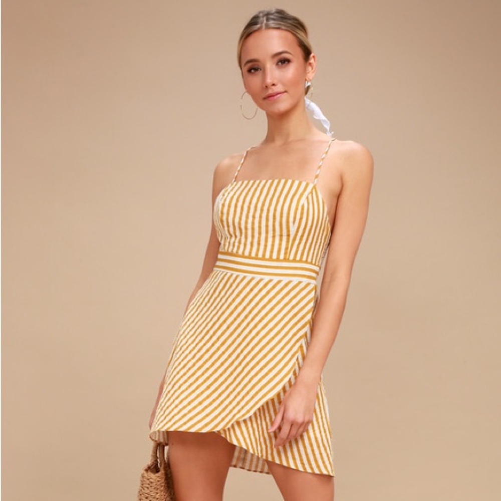 Lulus Central Park Striped Mini Dress Sz S - Yellow/White
